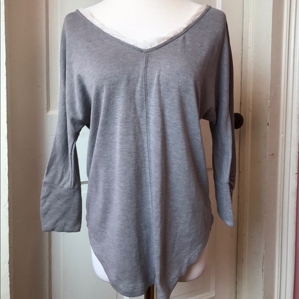 Gray ribbon trim pullover with cross ribbon back